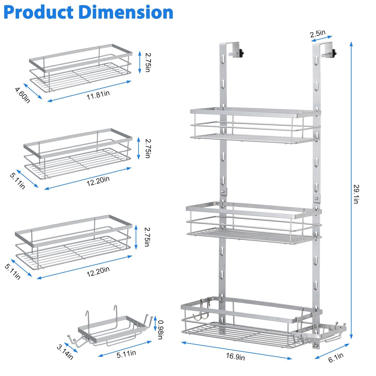 3 Tier Over the Door Shower Caddy Adjustable Hanging Organizer Shelf Rustproof