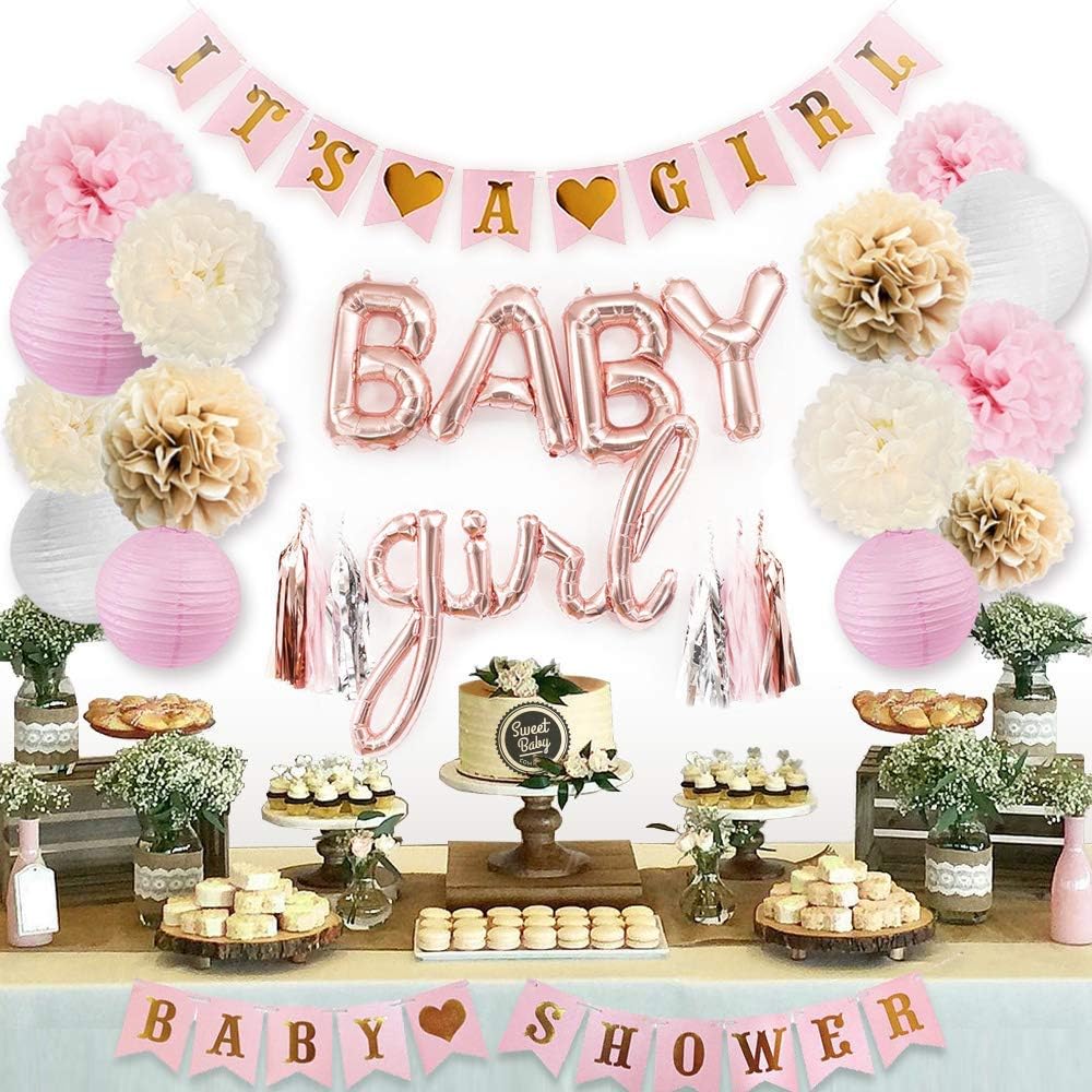 Pink Baby Shower Decorations for Girl with Its A Girl Banner, Baby Girl Letter Balloons, Flower Pom Poms, Paper Lanterns, Tassels (Rose Gold, Pink, Ivory, White Sprinkle Set)