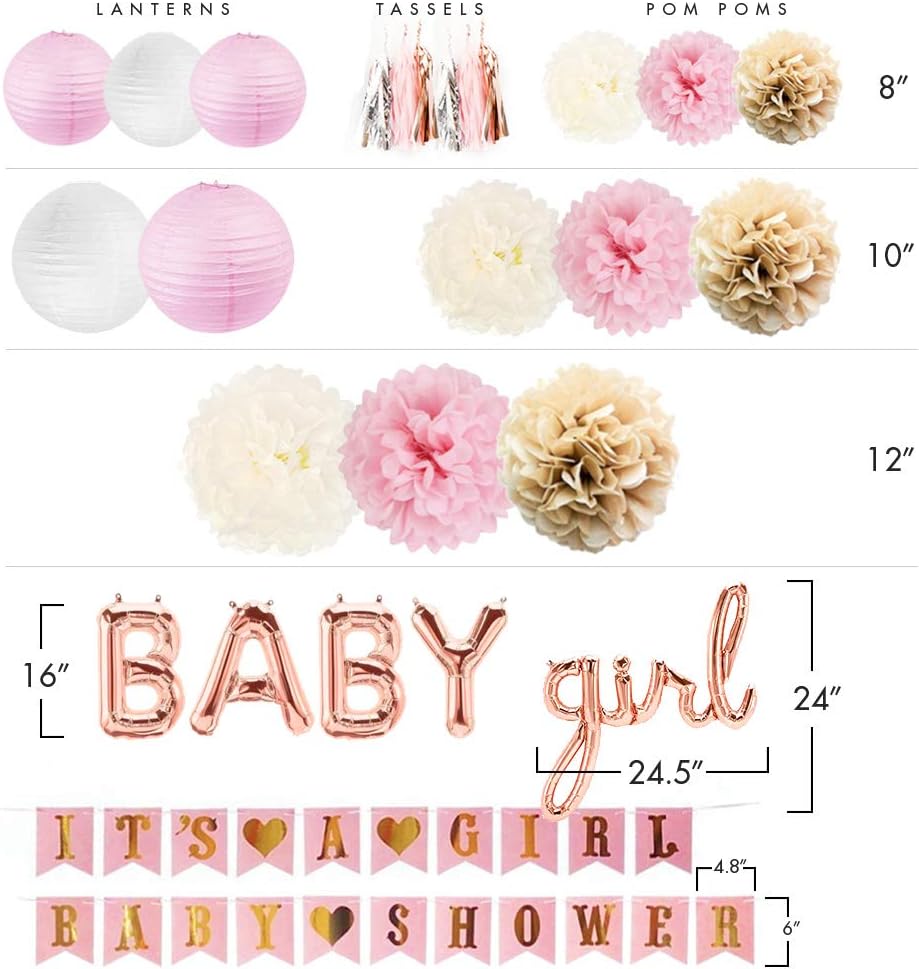 Pink Baby Shower Decorations for Girl with Its A Girl Banner, Baby Girl Letter Balloons, Flower Pom Poms, Paper Lanterns, Tassels (Rose Gold, Pink, Ivory, White Sprinkle Set)