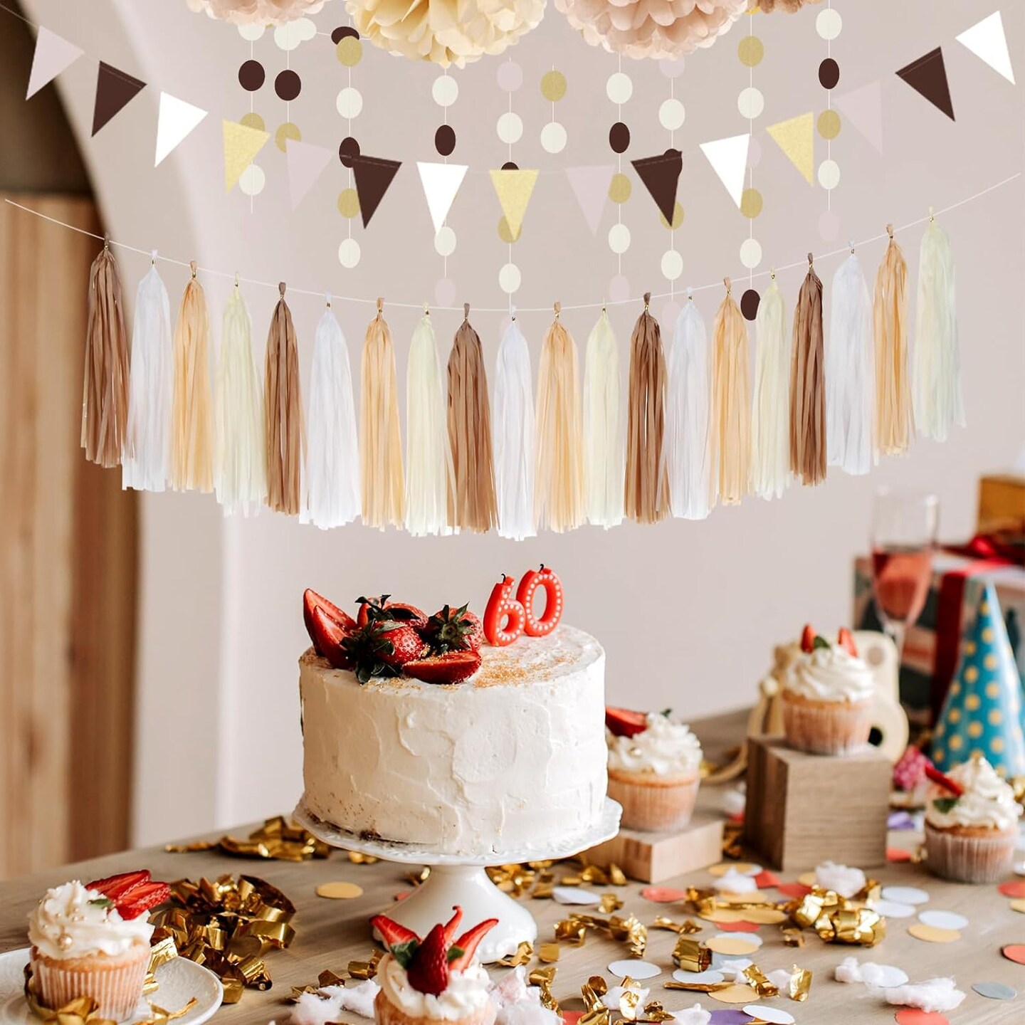 Baby-Shower White-Brown Champagne Party-Decorations - 28pcs Neutral Birthday Wedding Bridal Tissue Pom Poms Streamers, Fall Autumn Christmas Tassel Garland Banner, Engagement Decor