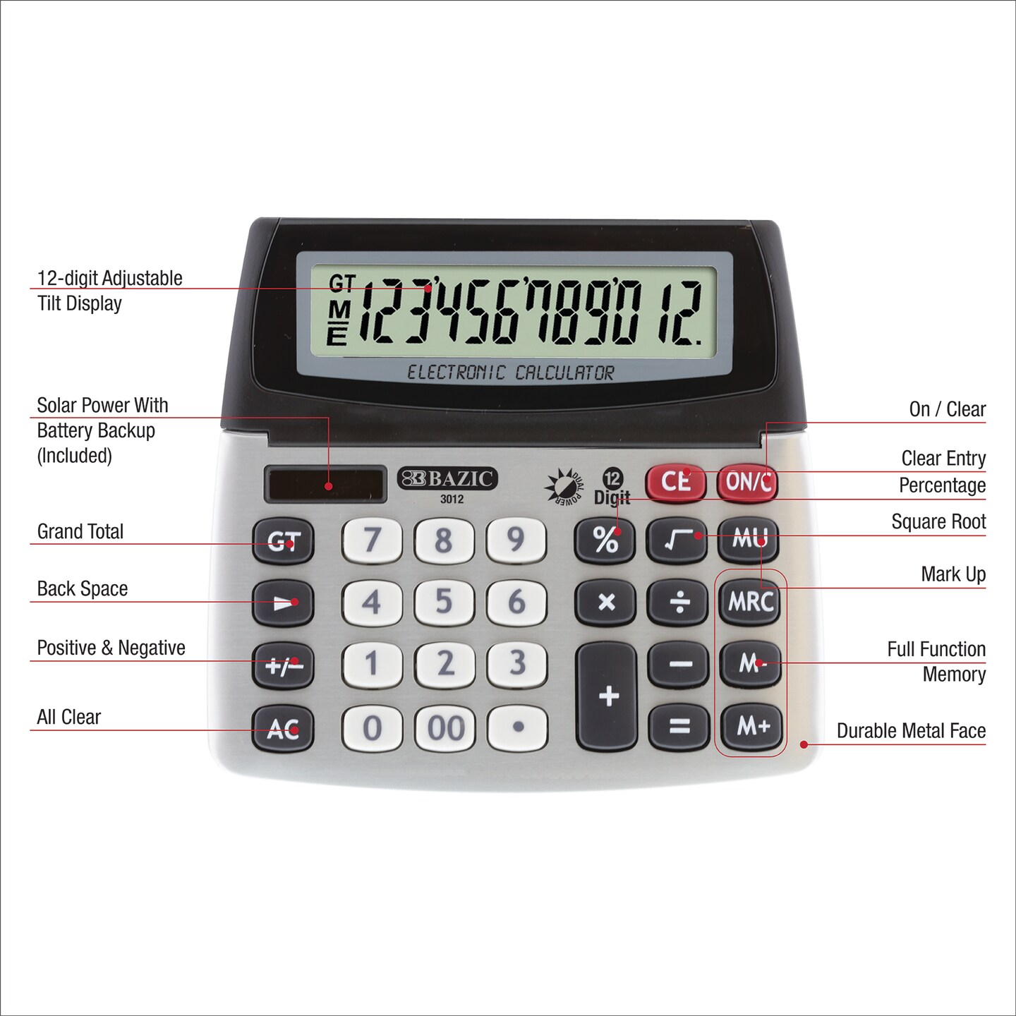 BAZIC Desktop Calculator 12-Digit Dual Power w/ Adjustable Display