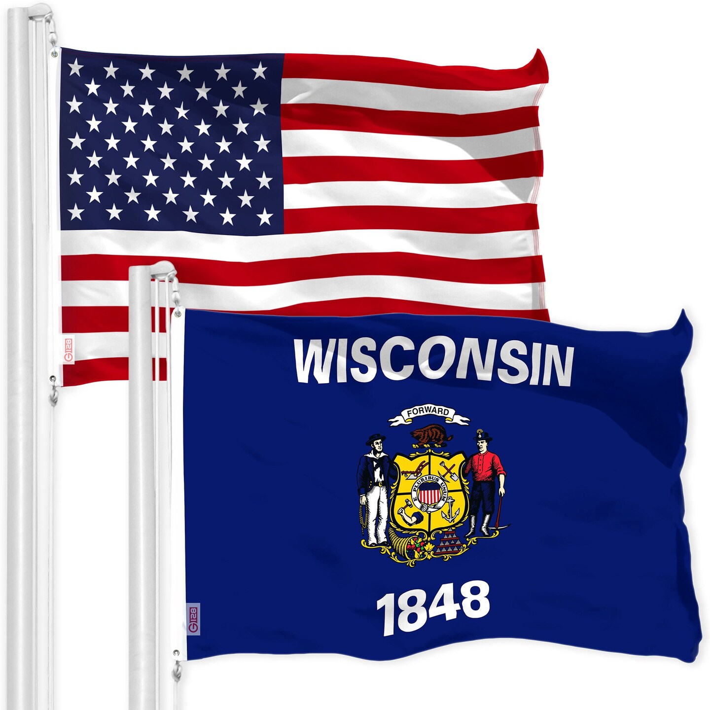 G128 Combo Pack: American USA Flag 3x5 Ft 150D &#x26; Wisconsin WI State Flag 3x5 Ft 300D | Both LiteWeave Pro Series Printed Poly, Brass Grommets
