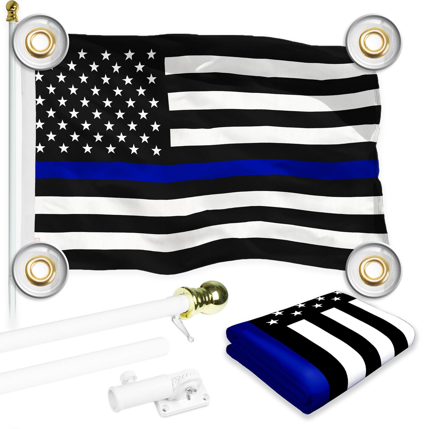 G128 Combo Pack: 6 Ft Tangle Free Aluminum Spinning Flagpole (White) & Thin Blue Line Flag 3x5 Ft, LiteWeave Pro Series Printed 150D Polyester, 4 Corner Brass Grommets | Pole with Flag Included