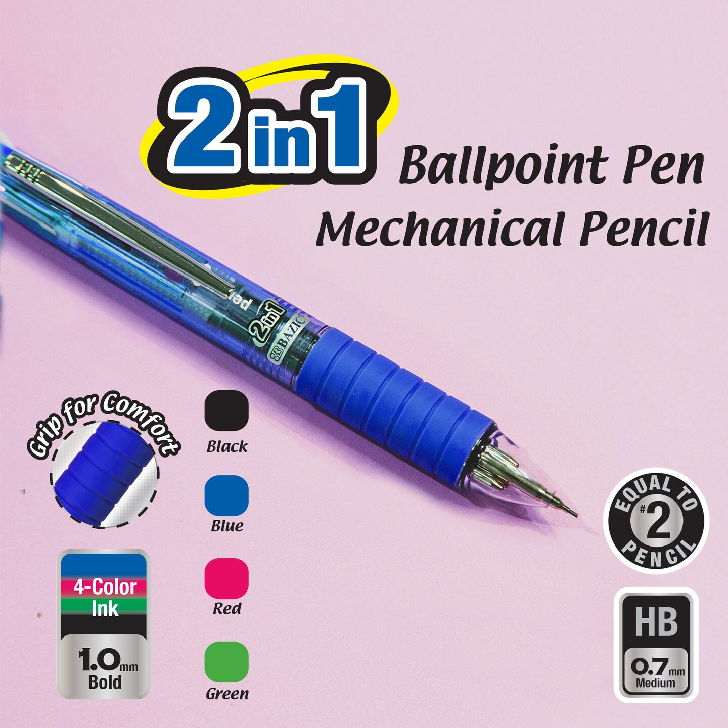 BAZIC 2-In-1 Mechanical Pencil &#x26; 4-Color Pen w/ Cushion Grip