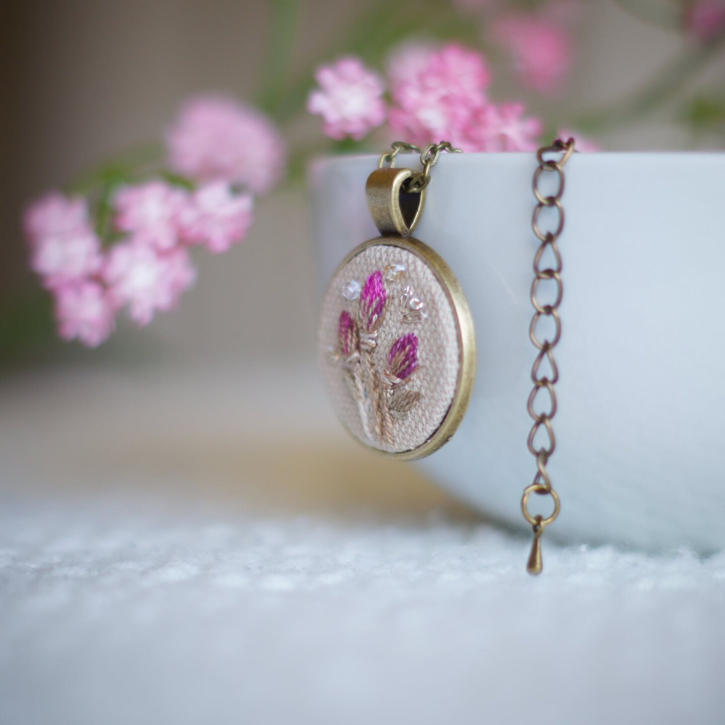 Floral Pendant with Rose Buds in Antique Bronze Chain Necklace