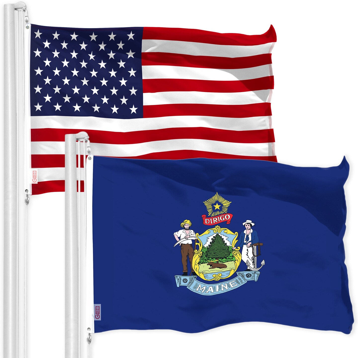G128 Combo Pack: American USA Flag 3x5 Ft 150D &#x26; Maine ME State Flag 3x5 Ft 300D | Both LiteWeave Pro Series Printed Poly, Brass Grommets
