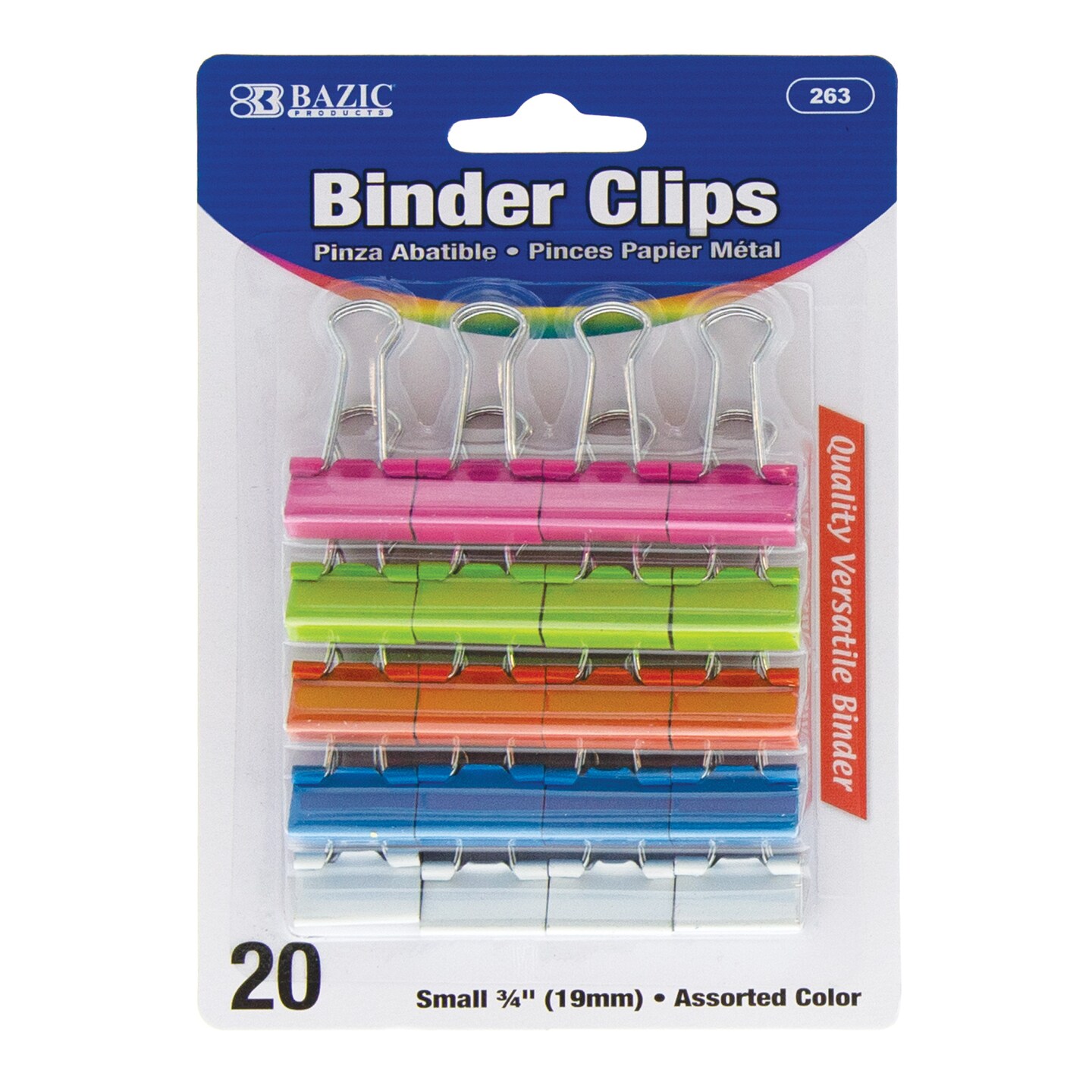 BAZIC Small 3/4" (19mm) Assorted Color Binder Clip (20/Pack)
