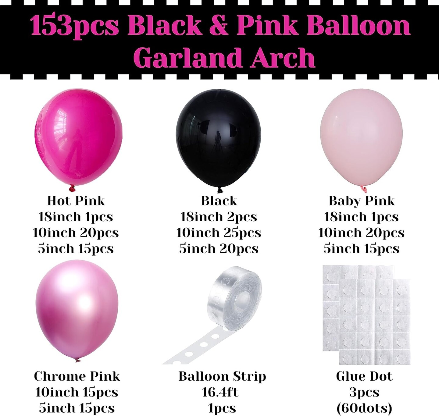 Pink and Black Balloon Garland Arch Kit, 153pcs Black Magenta Baby Pink and Chrome Pink Balloons for Girls Birthday Decoration Sweet 16 Party Supplies Bridal Shower Graduation Decor (Pink)