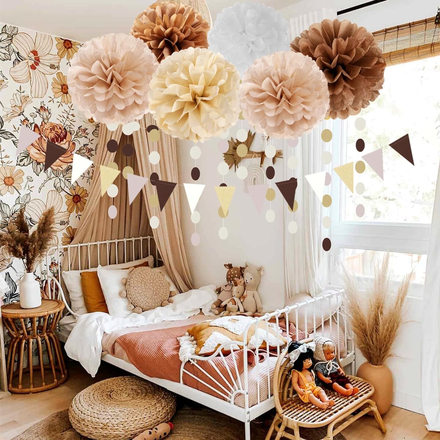 Baby-Shower White-Brown Champagne Party-Decorations - 28pcs Neutral Birthday Wedding Bridal Tissue Pom Poms Streamers, Fall Autumn Christmas Tassel Garland Banner, Engagement Decor