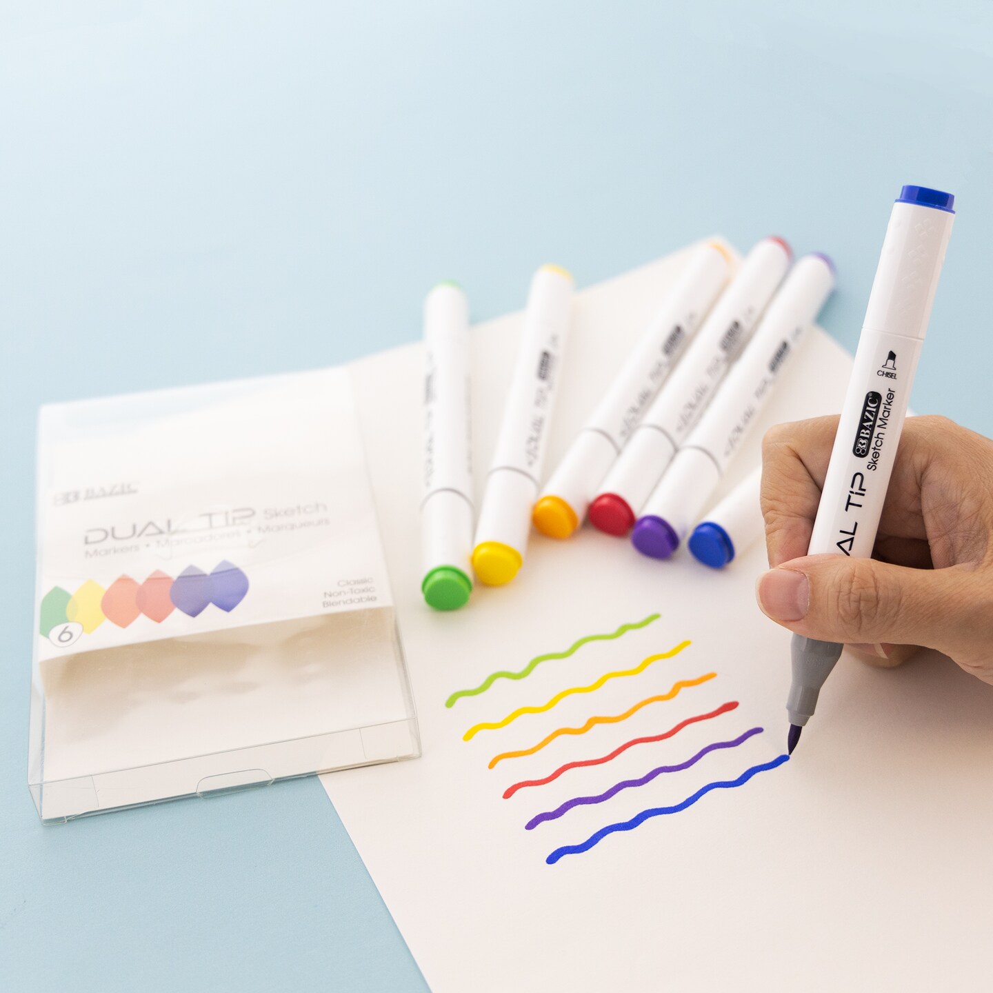 BAZIC Dual Tip Alcohol-Based Markers 6 Primary Colors