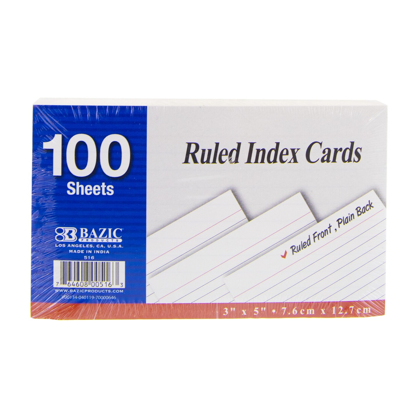 BAZIC Ruled White Index Card 3&#x22; X 5&#x22; 100 Ct.