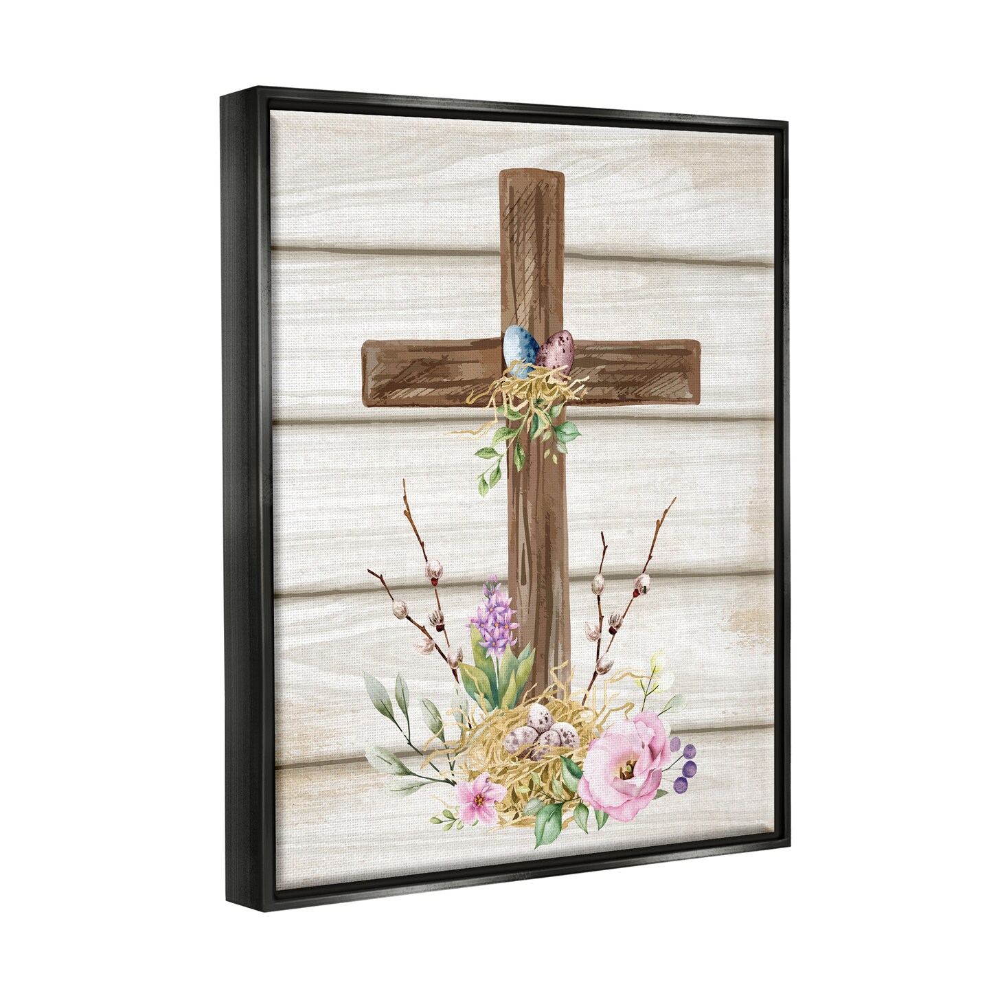 Stupell Industries Spiritual Easter Cross Spring Blossoms Black Framed Floater Canvas Wall Art