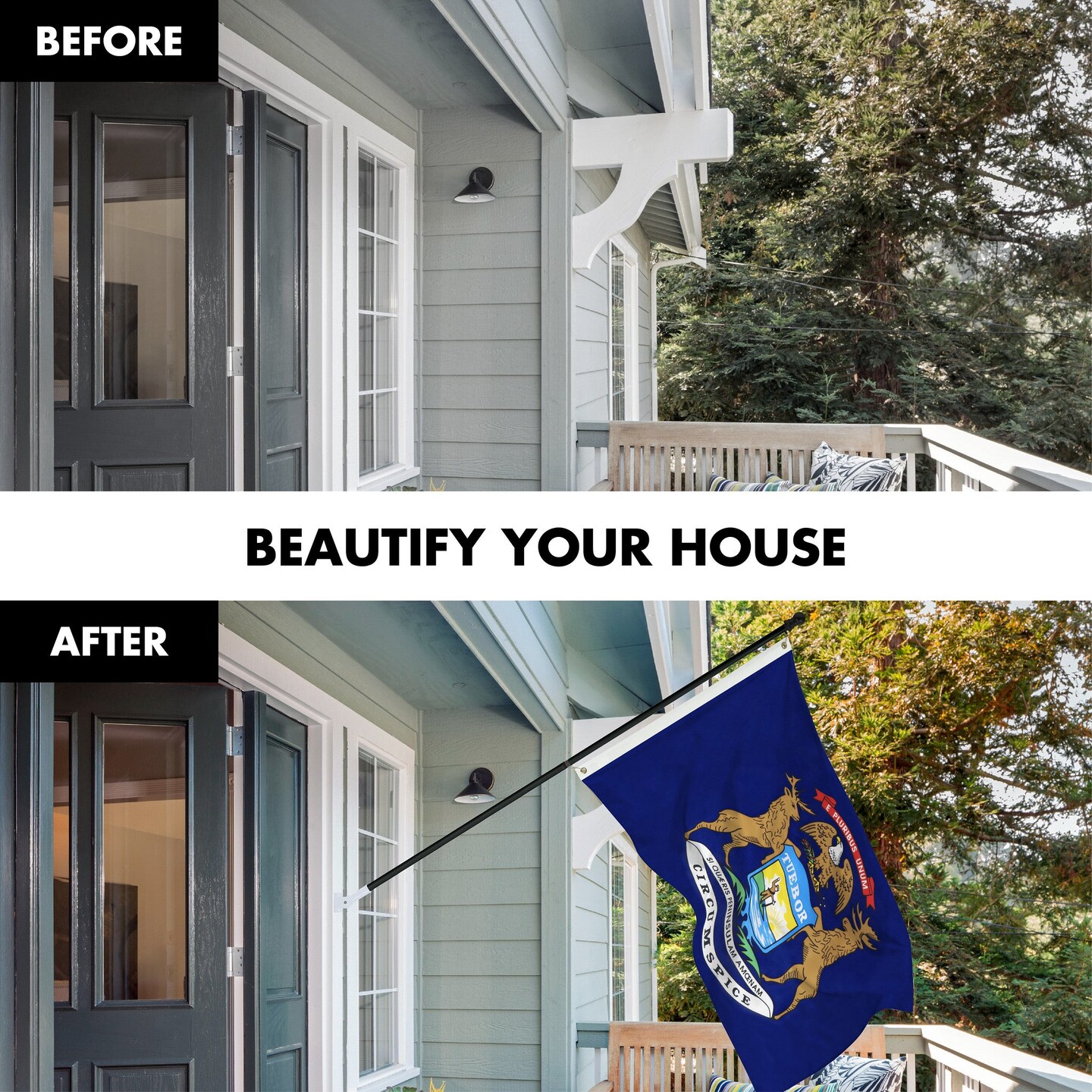G128 Combo Pack: 6 Feet Tangle Free Spinning Flagpole (Black) Michigan MI State Flag 3x5 ft Printed 150D Brass Grommets (Flag Included) Aluminum Flag Pole