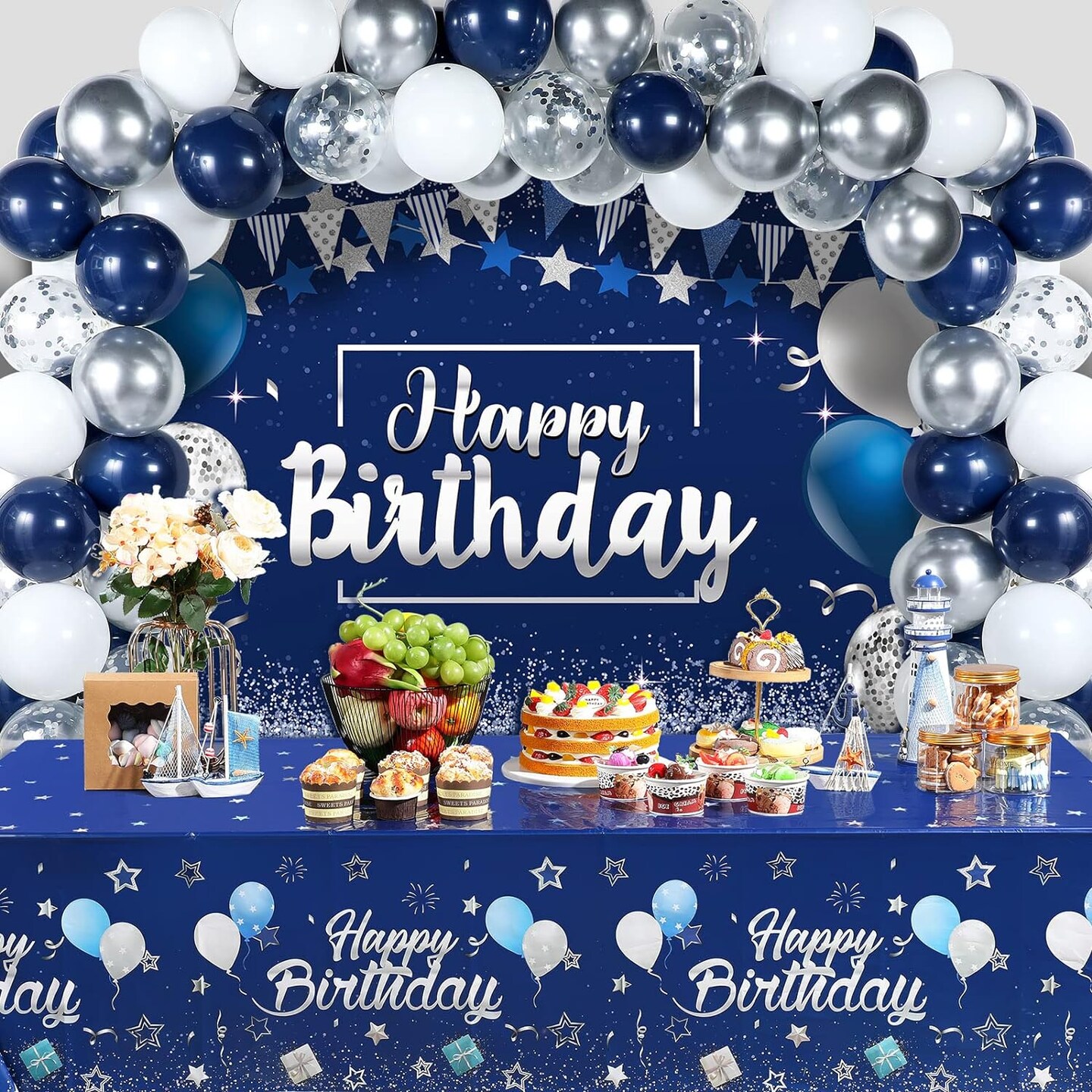 Navy Blue Birthday Party Decorations Blue Confetti Balloons Kit Happy Birthday Photography Backdrop Banner Tablecloths for Boys Girls Men Women Birthday Party Supplies Decor (Navy Blue and Silver)