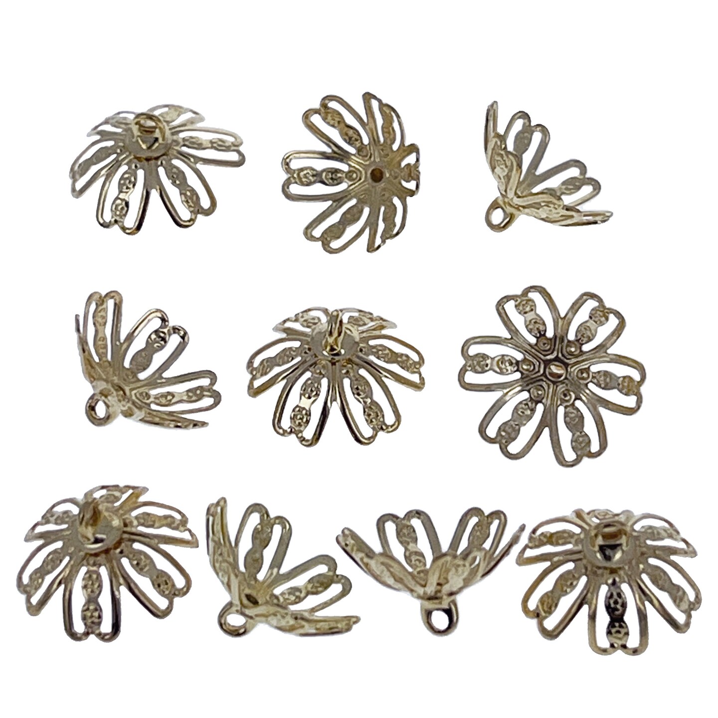 10 Large Gold Tone Metal Ornament Caps - Ball or Egg Top Findings, End Caps 0.59 Inches