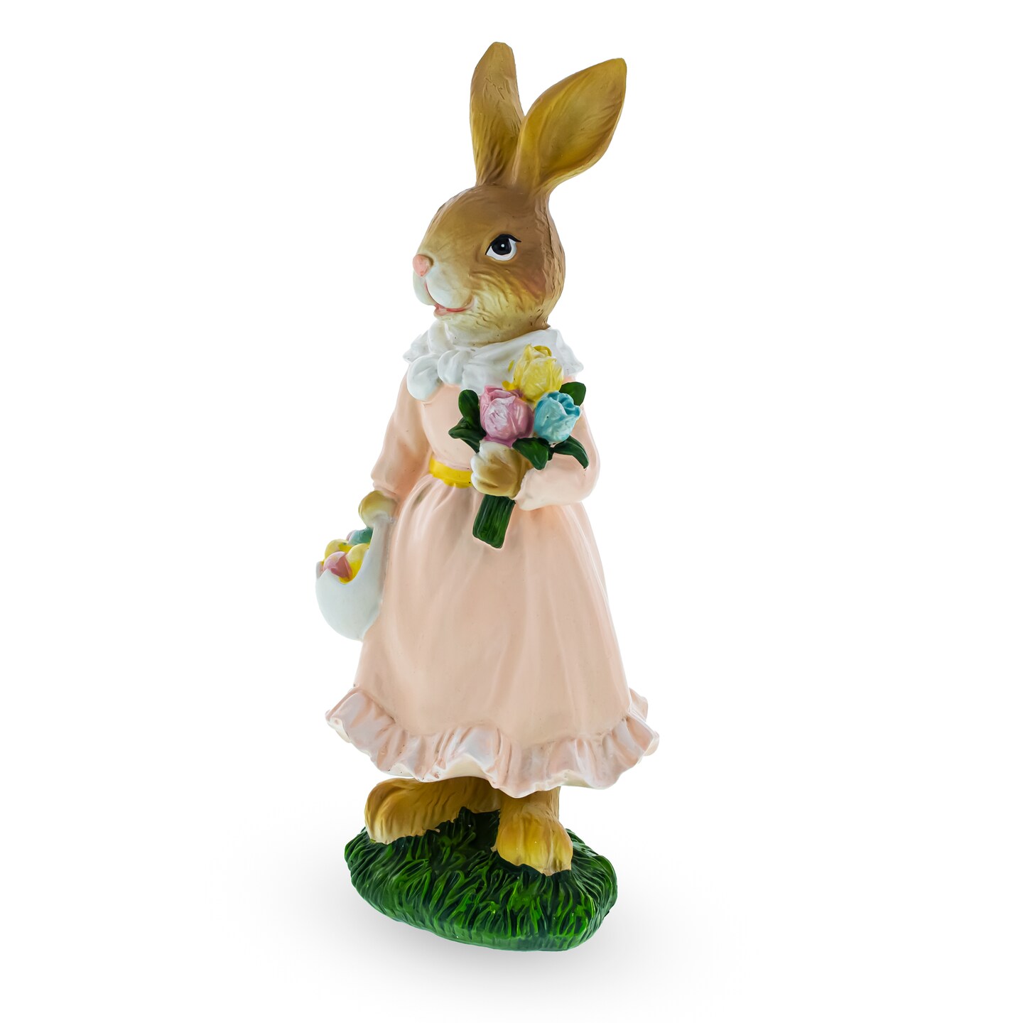 Vintage Style Easter Bunny Figurine With Flowers and Egg Basket 8.7 Inches Tall