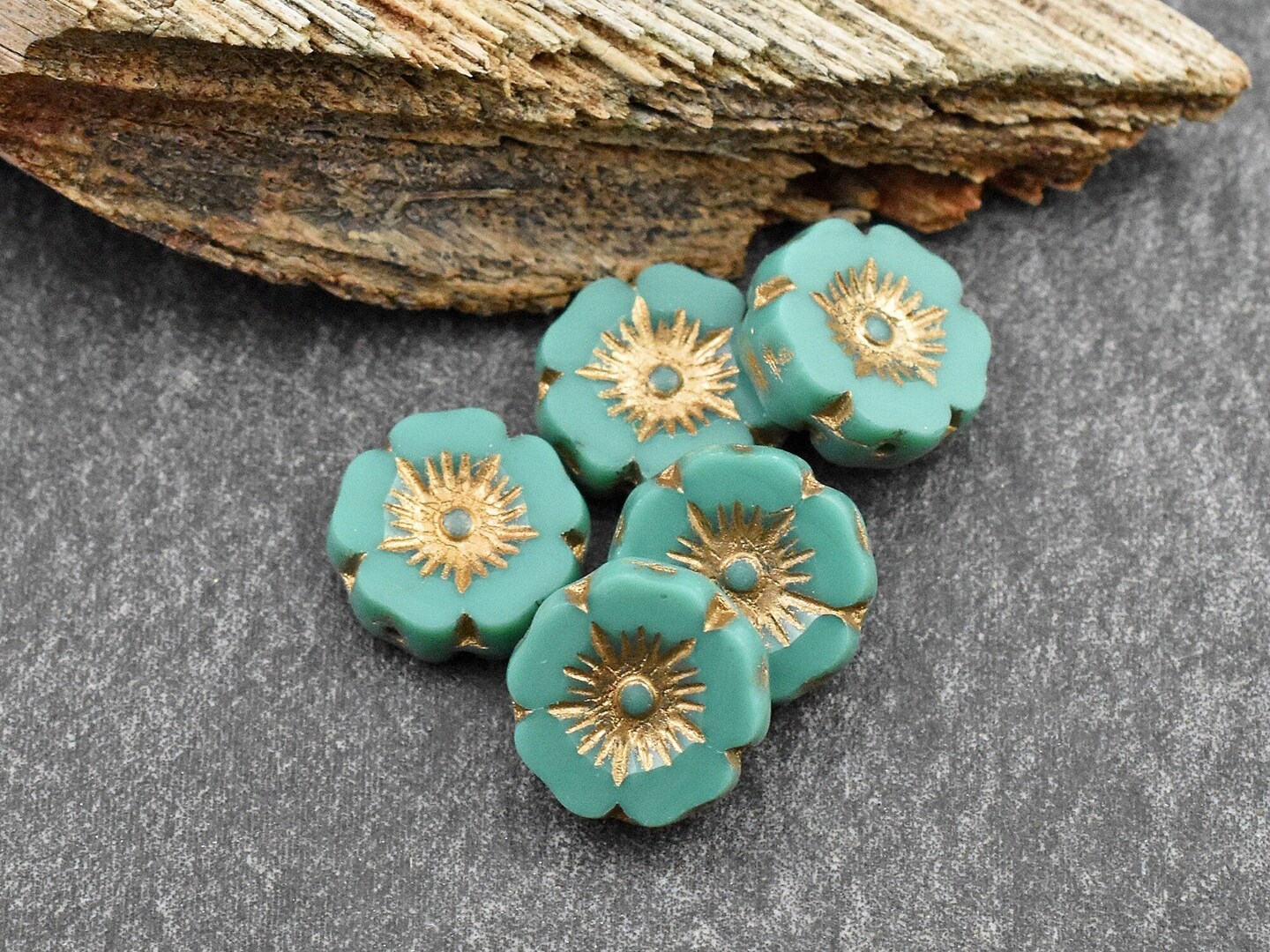 *12* 12mm Gold Washed Opaque Dark Turquoise Hawaiian Flower Beads