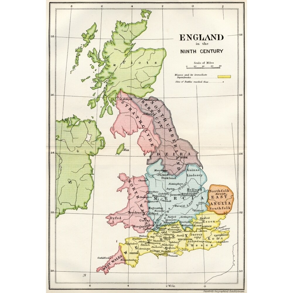 Map Of England In The Ninth Century From A Short History Of The English People By John Richard Green Published By Macmil