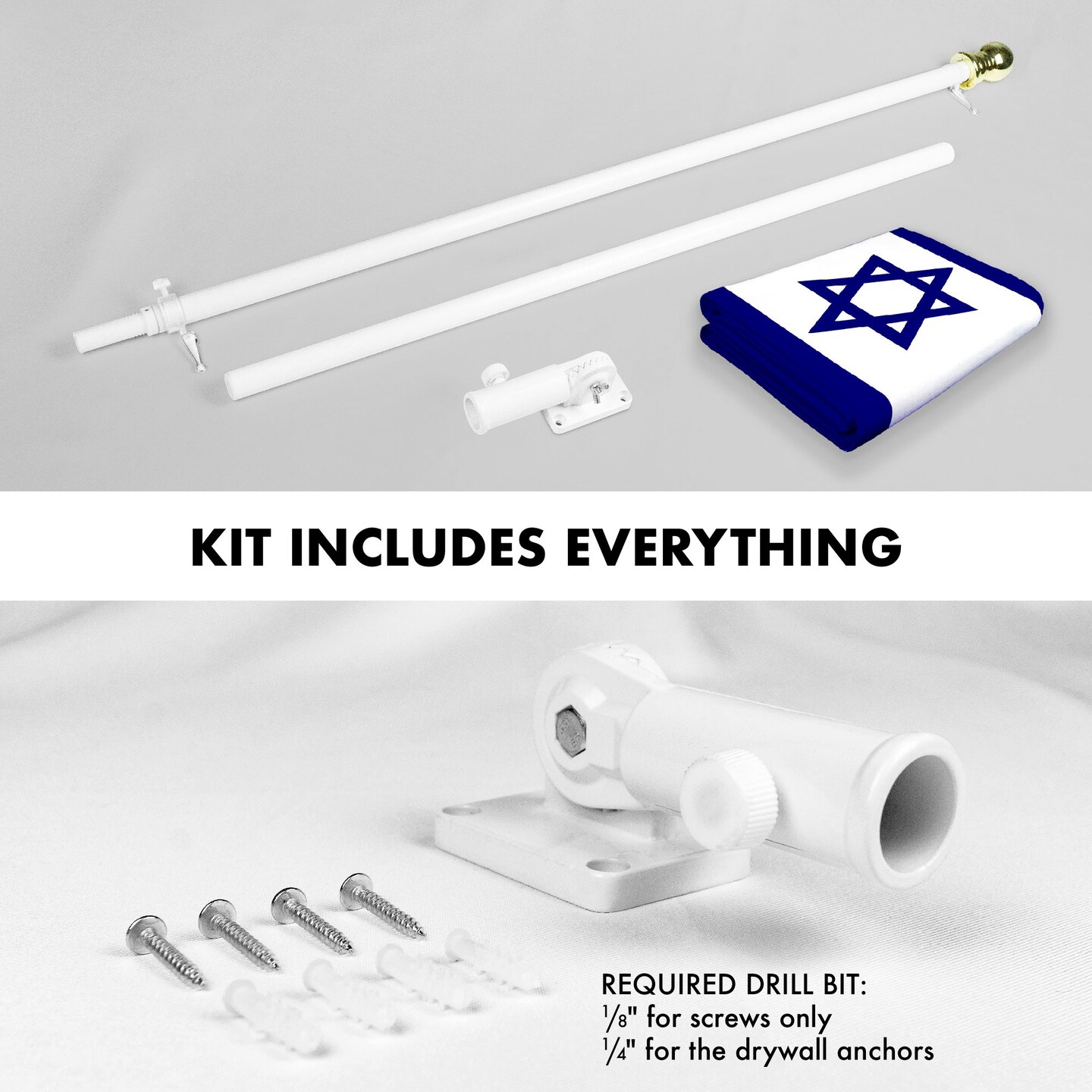 G128 Combo Pack: 6 Feet Tangle Free Spinning Flagpole (White) Israel Israeli Flag 3x5 ft Printed 150D Brass Grommets (Flag Included) Aluminum Flag Pole