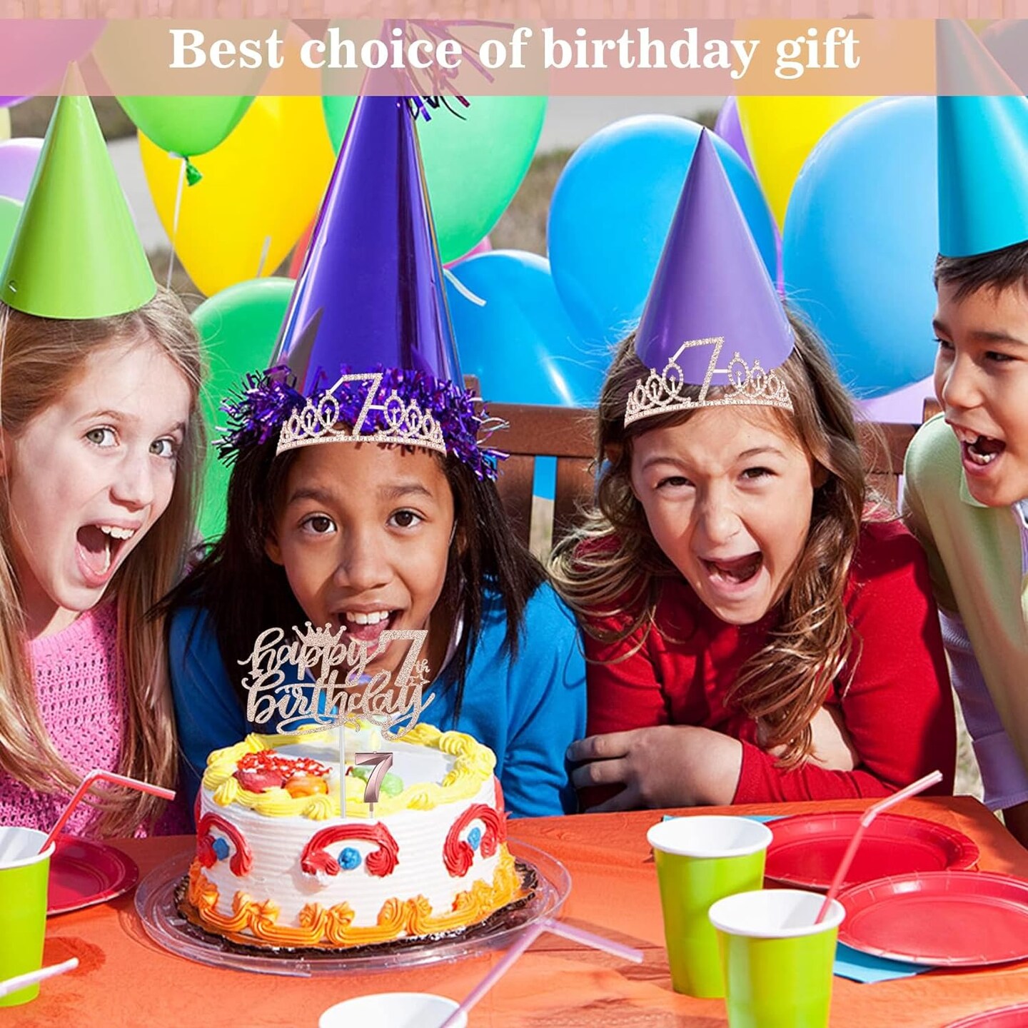 7th Birthday Decorations for Girl with 7th Birthday Sash and Tiara, Numeral 7 Candle and Cake Topper, 7th Birhtday Girls Rose Gold Party Favor Supplies