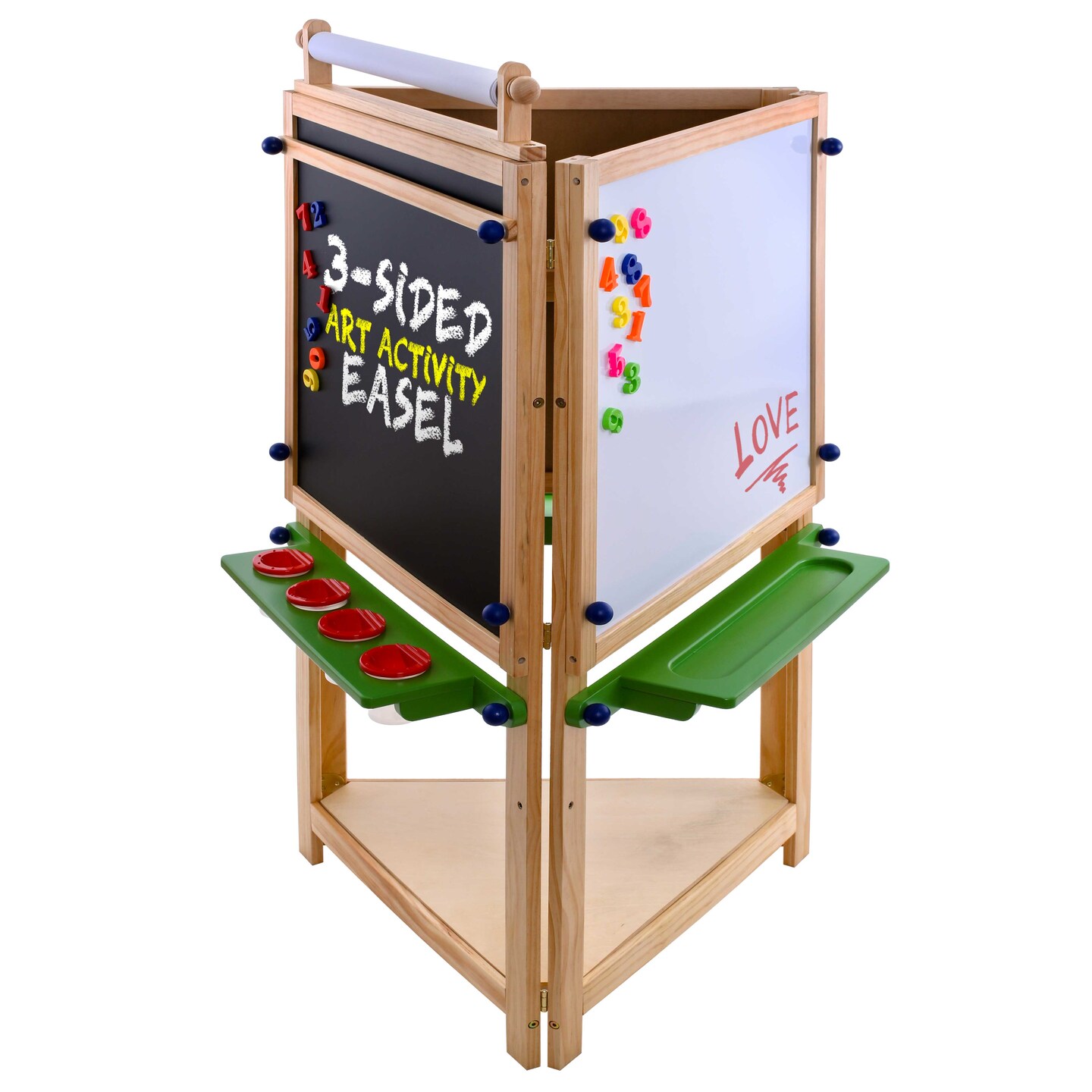 Children&#x27;s 3-Sided Art Activity Easel with 3 Magnetic Stations, Chalkboard, Blackboard, Dry Erase White Board, Paper Roll, Paint Cups Shelf - Painting