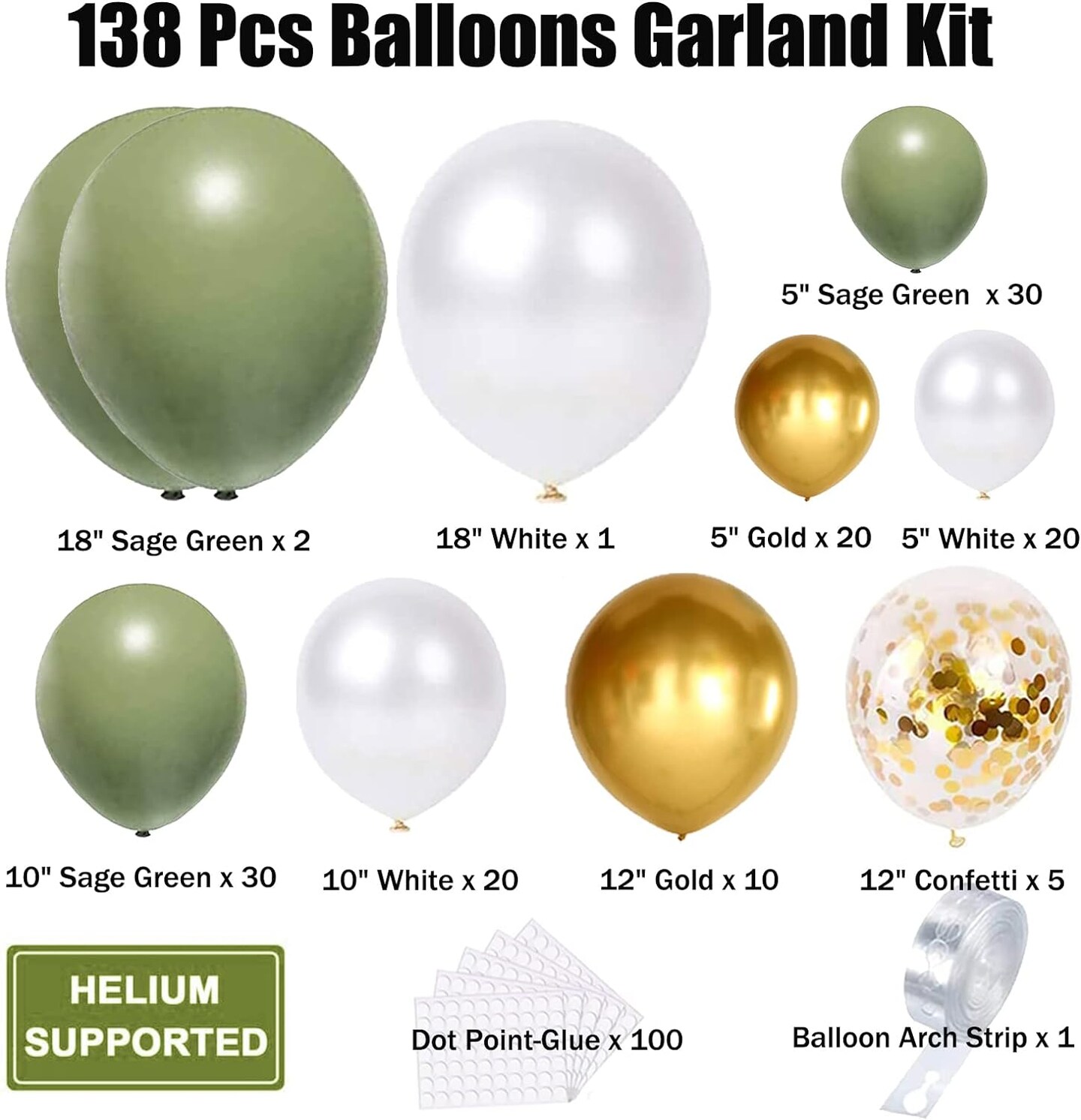 Sage Green Balloon Garland Kit,138pcs Sage Green Balloons with White Metallic Gold Confetti Balloons for Wedding Birthday Party Baby Shower Party Background Decoration