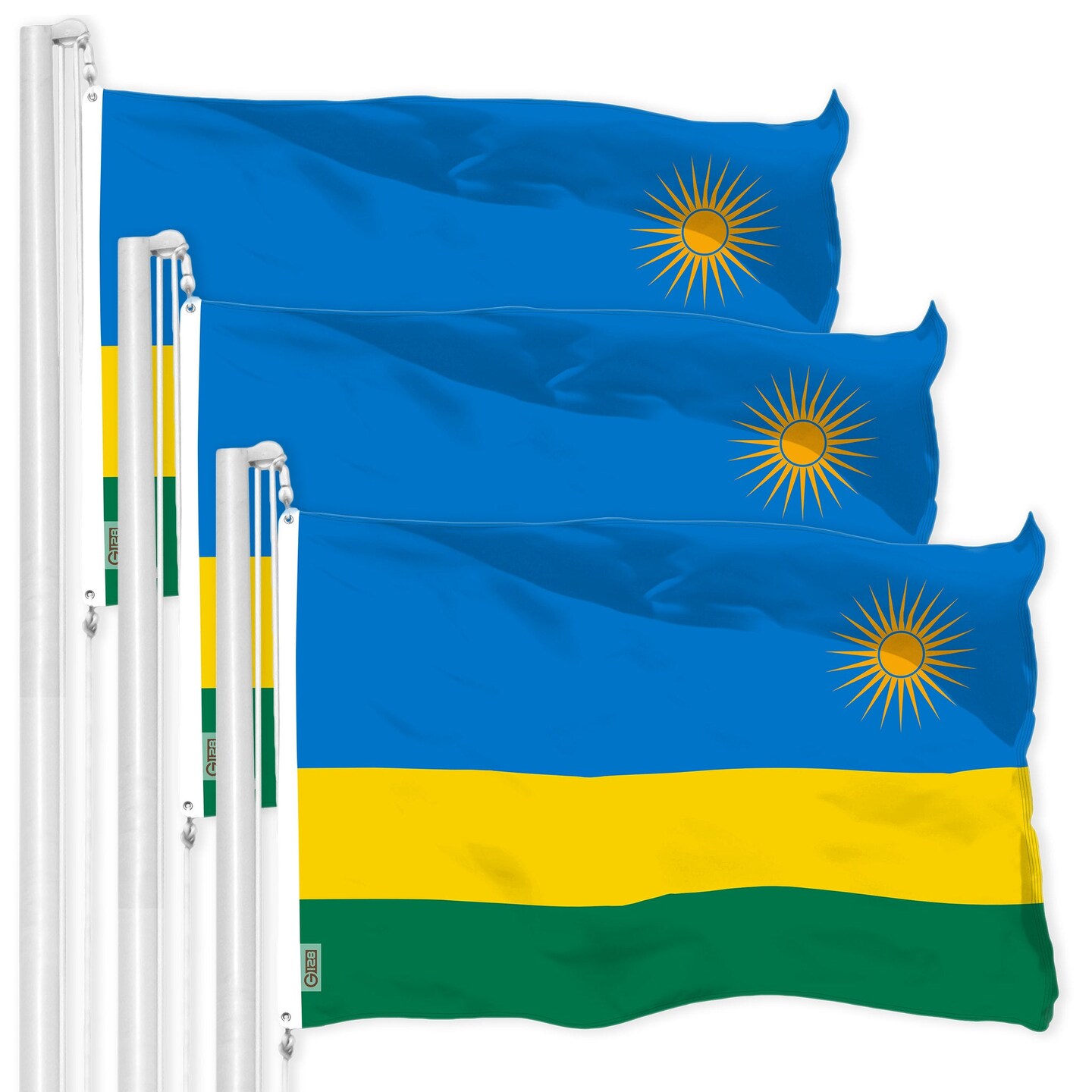 G128 3 Pack: Rwanda Rwandan Flag | 3x5 Ft | LiteWeave Pro Series Printed 150D Polyester | Country Flag, Indoor/Outdoor, Vibrant Colors, Brass Grommets, Thicker and More Durable Than 100D 75D Polyester