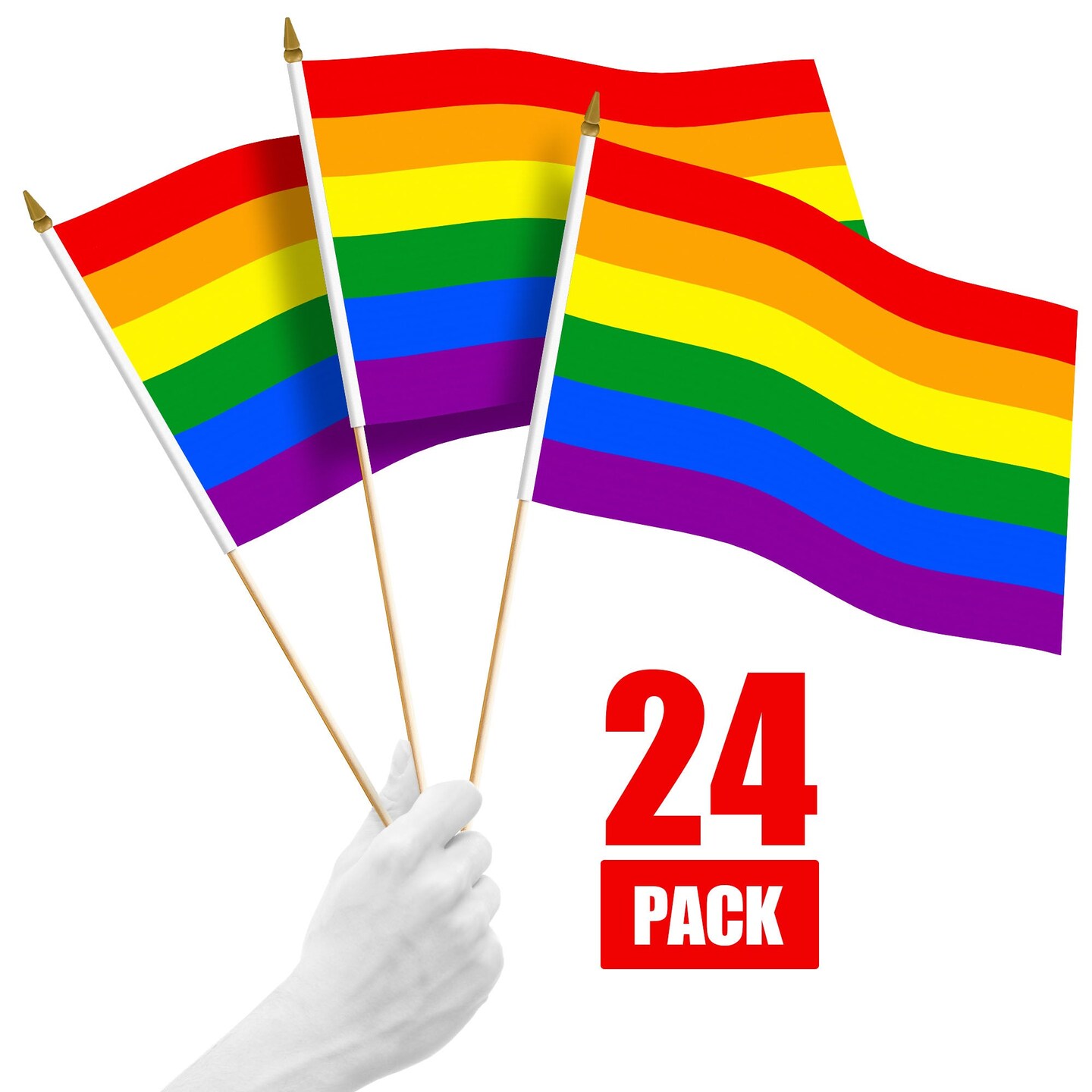 G128 24 Pack Handheld LGBT Rainbow Pride Stick Flags | 12x18 In | Printed 150D Polyester, Country Flag, Solid Wooden Stick, Spear Gold Tip