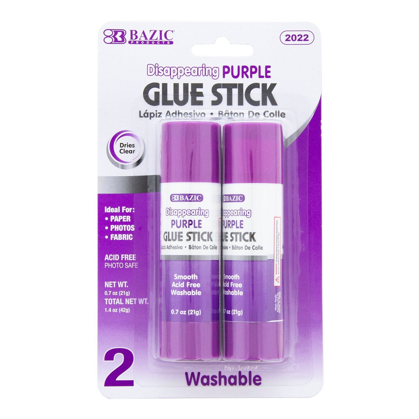 BAZIC Glue Stick Washable Disappearing Purple 0.7 oz (21g)(2/Pack)
