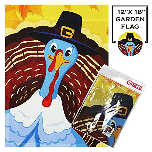 G128 - Home Decorative Thanksgiving Garden Flag, Joyful Pilgrim Turkey Decoration,  | 12x18 Inch | Printed 150D Polyester - Rustic Holiday Seasonal Outdoor Flag