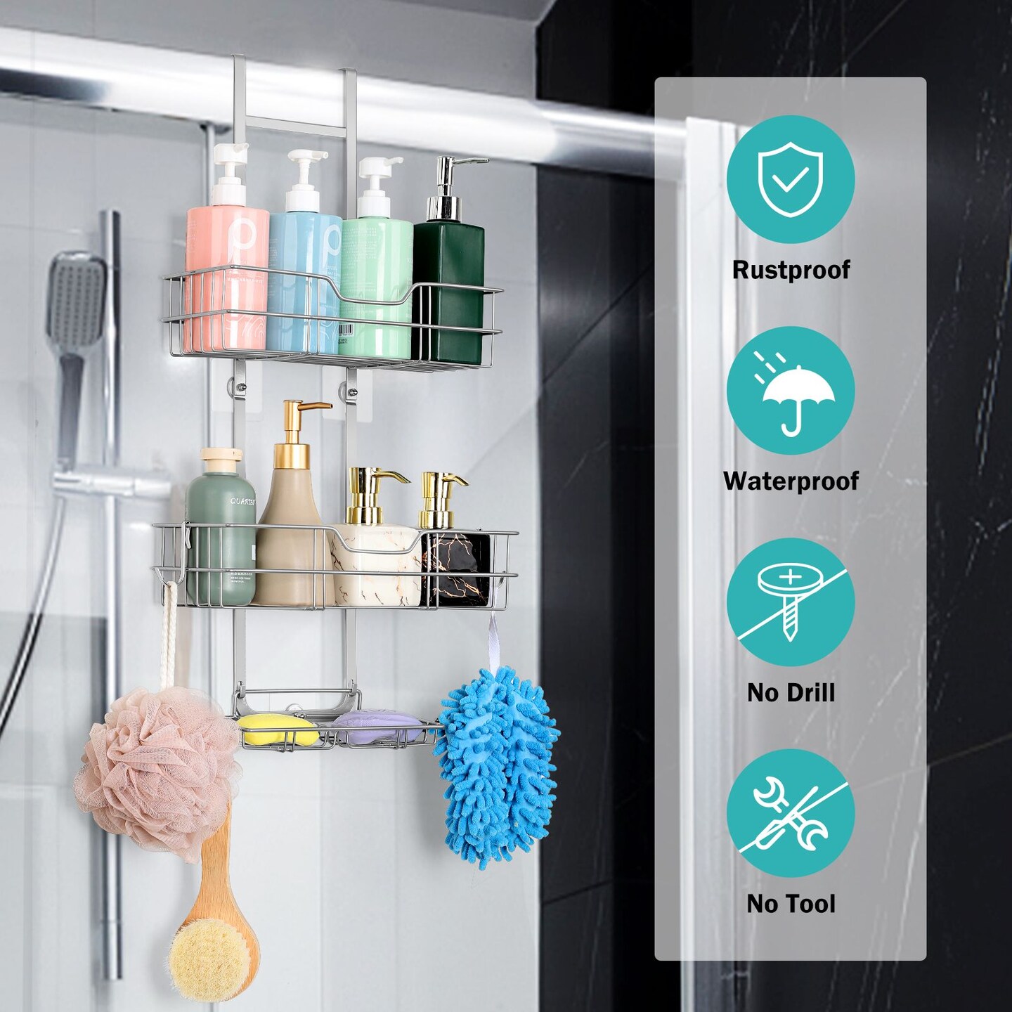 Over the Door Shower Caddy Adjustable Hanging Organizer Shelf Rustproof