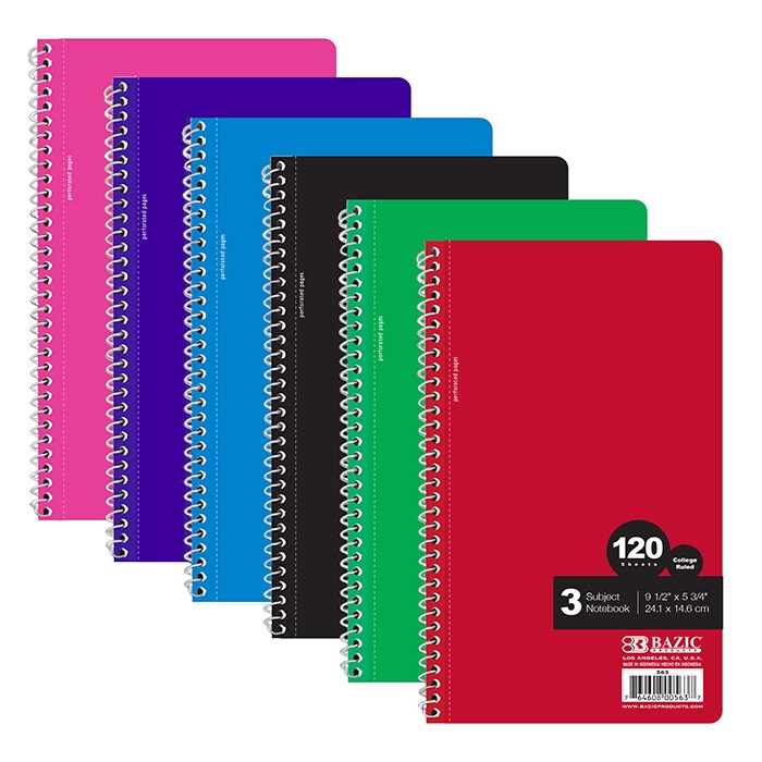 BAZIC Notebook Spiral C/R 3-Subject 9.5&#x22; X 5.75&#x22; 120 Ct.