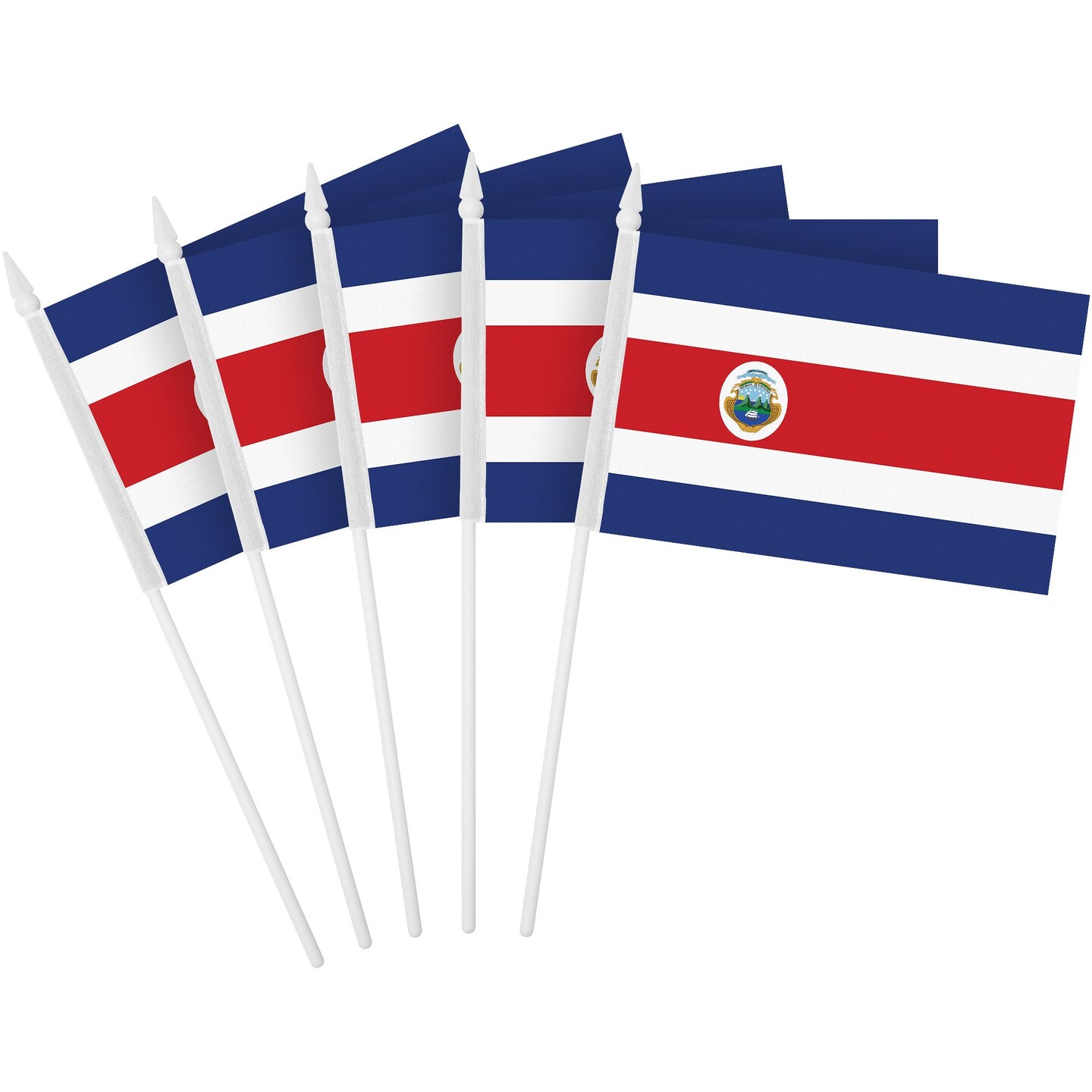 G128 50 Pack Handheld Costa Rica Costa Rican Stick Flags | 4x6 In | Printed 150D Polyester, Country Flag, Solid Plastic Stick, Spear White Tip