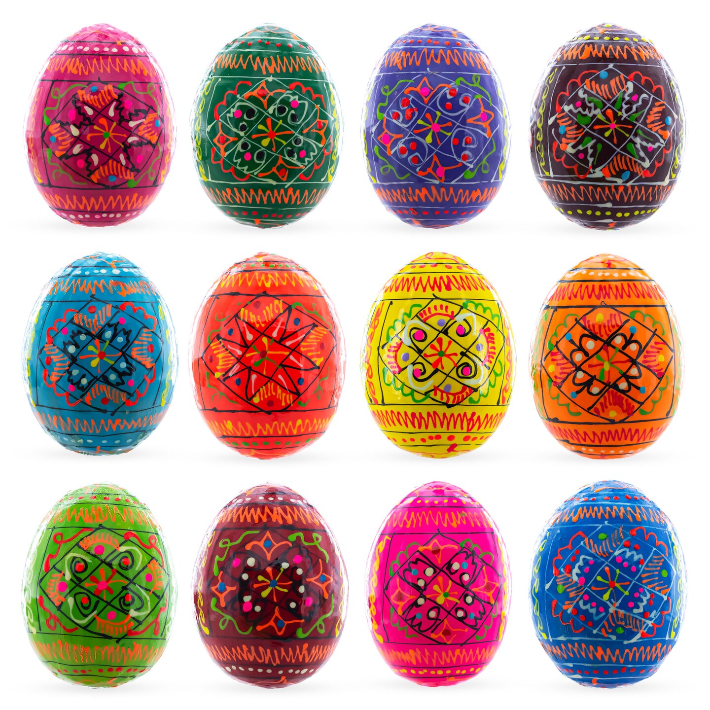 Set of 12 Hand Painted Wooden Pysanky Ukrainian Easter Eggs 2.5 Inches