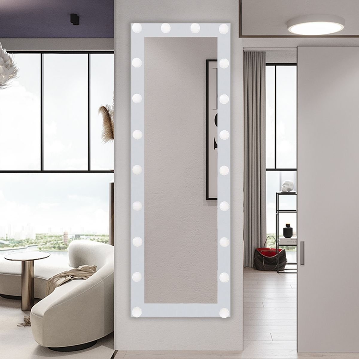 Allsumhome Catalyst Full Length Mirror with LED Lights Dimming and 3 Color Lighting  56&#x22; x 16&#x22; Lighted Floor Standing White
