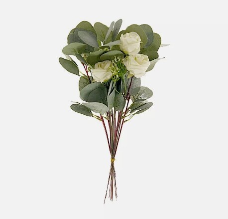 15&#x22; Ivory Artificial Seeded Eucalyptus Leaves Silk Roses Bouquet