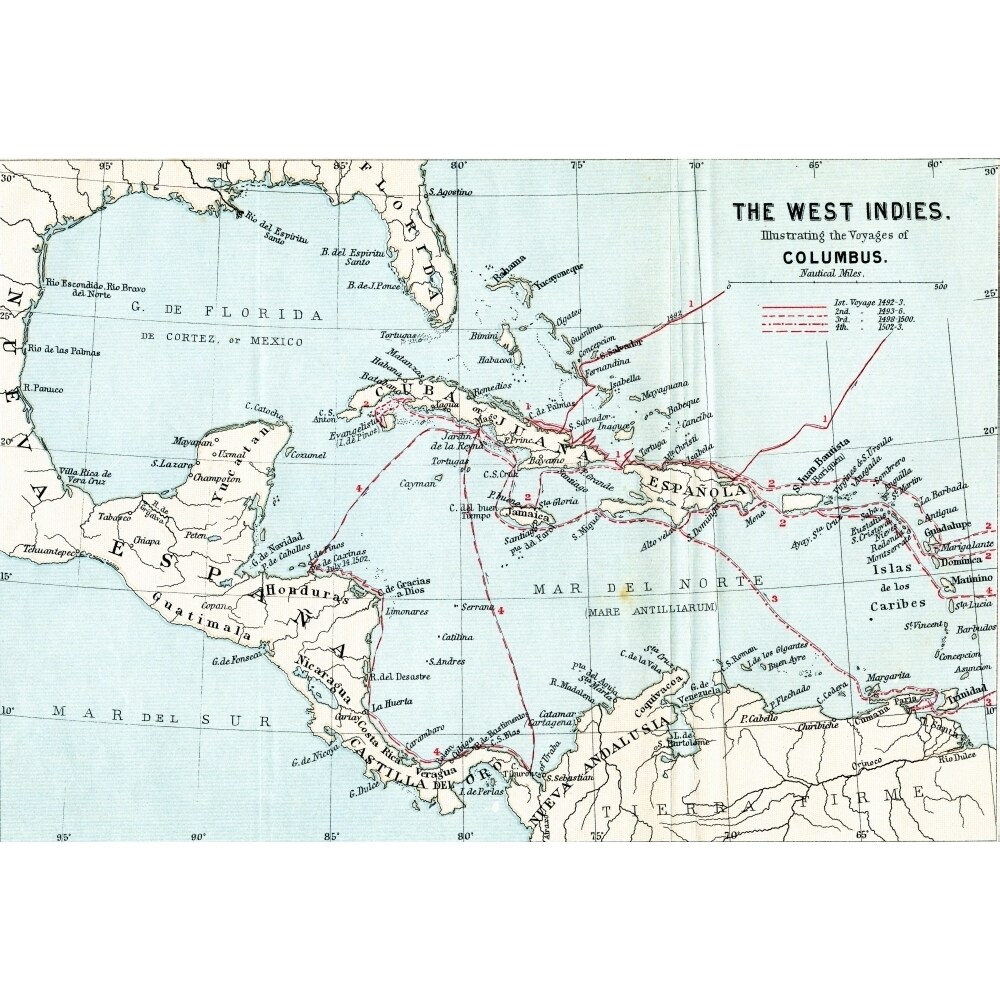 Map Of The West Indies Illustrating The Voyages Of Christopher Columbus. From The Book Life Of Christopher Columbus By