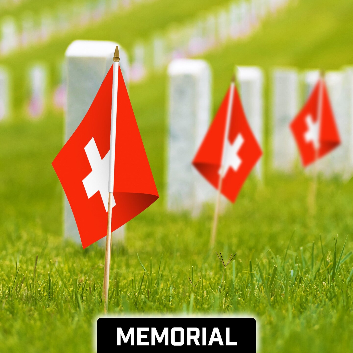 G128 50 Pack Handheld Switzerland Swiss Stick Flags | 12x18 In | Printed 150D Polyester, Country Flag, Solid Wooden Stick, Spear Gold Tip