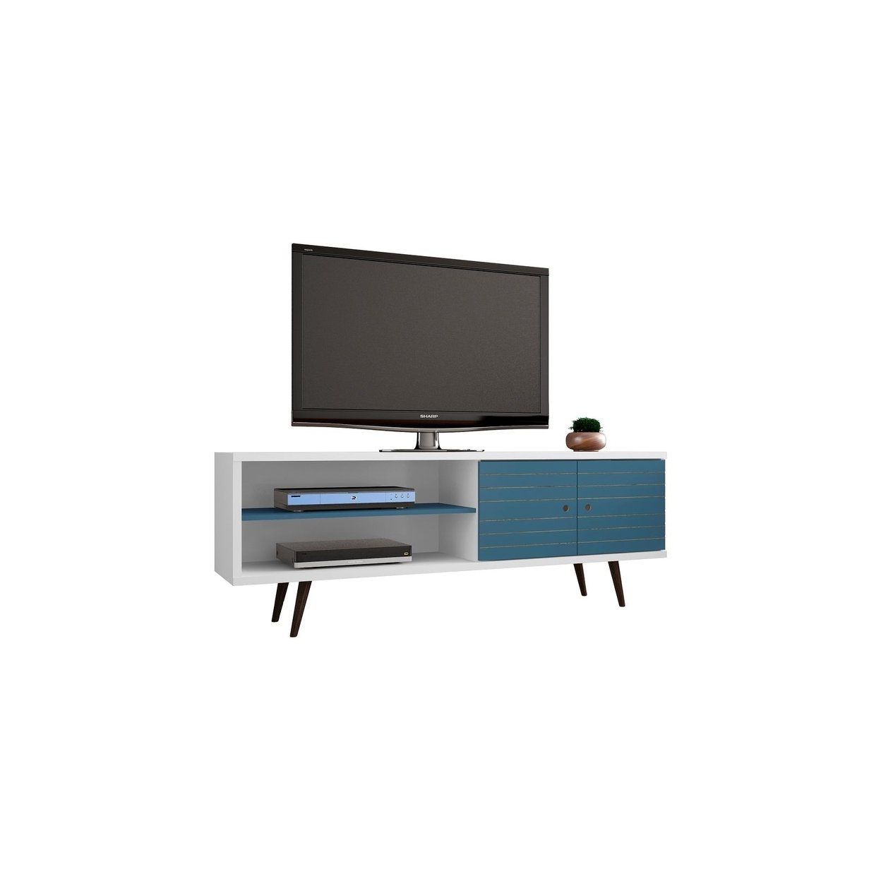 Manhattan Comfort Liberty 62.99" Mid-Century Modern TV Stand with 3 Shelves and 2 Doors with Solid Wood Legs