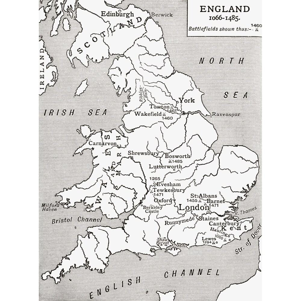 A Map Of England 1066 - 1485 Battlefields Marked With Crossed Swords. From A First Book Of British History Published