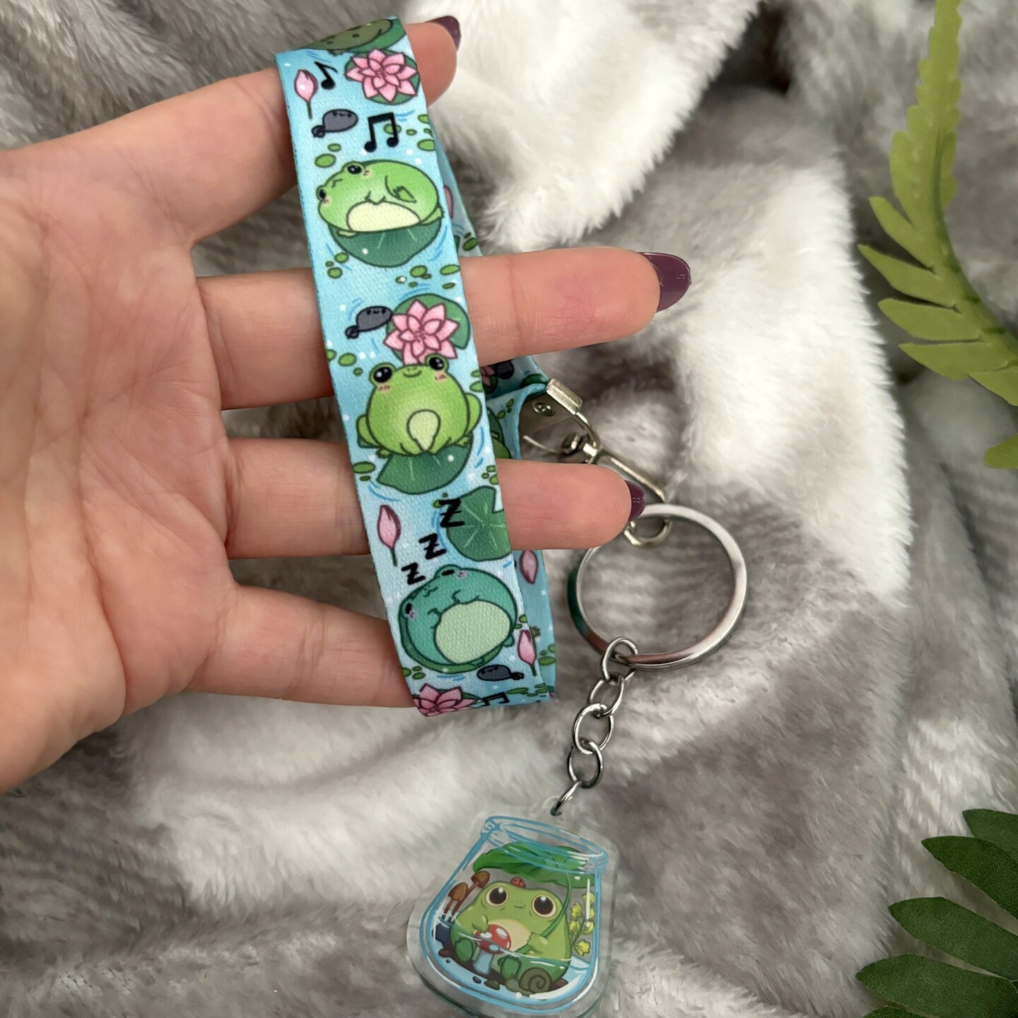 Frog Lily River Stream Wristlet Lanyard with Acrylic Epoxy Charm