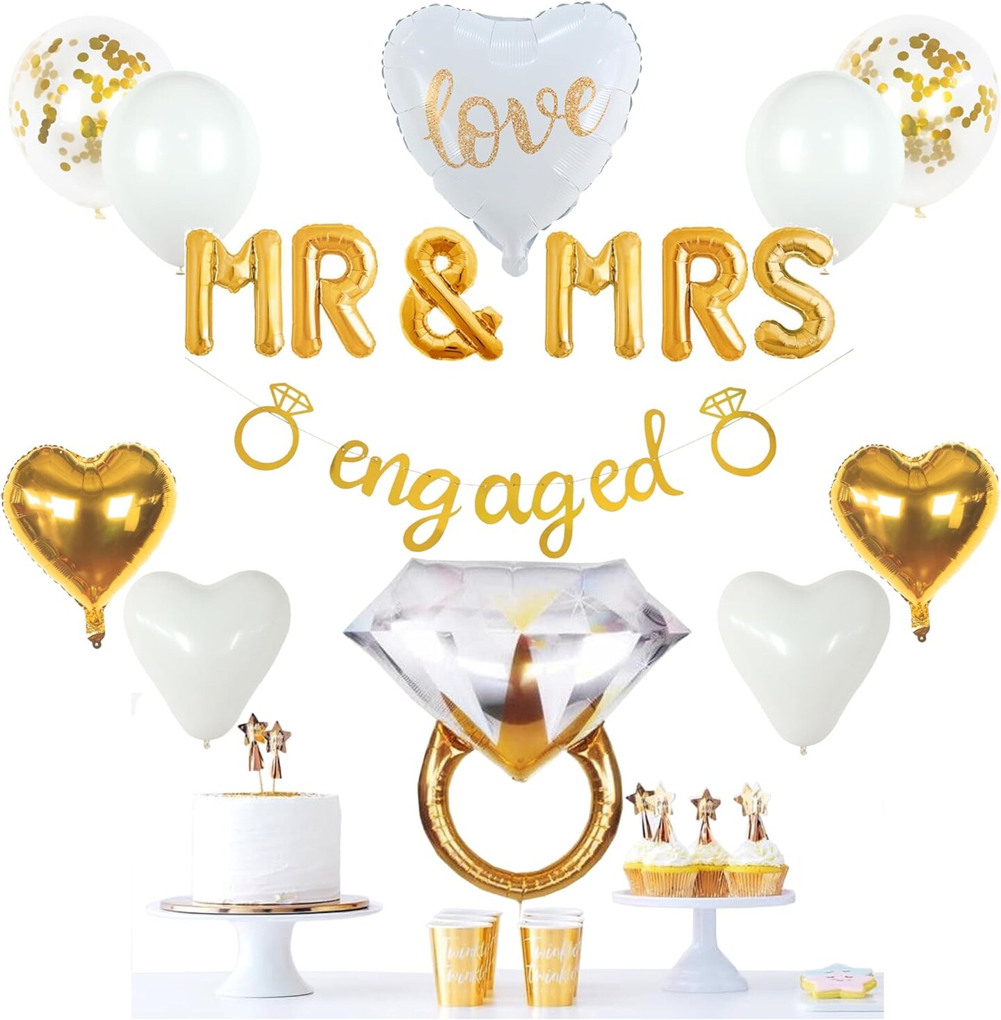 Gold Engagement Party Decorations - White & Gold Decor with Engaged Banner, Mr and Mrs Balloons, Latex Heart Confetti Balloons, Engagement Ring - Gold Themed Engagement Decorations