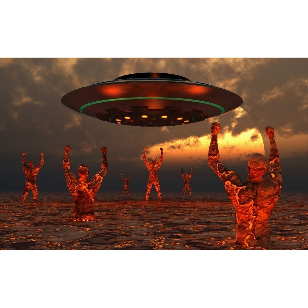 Men Born Of Molton Lava From The Core Of The Earth Hail An Arriving Ufo Poster Print