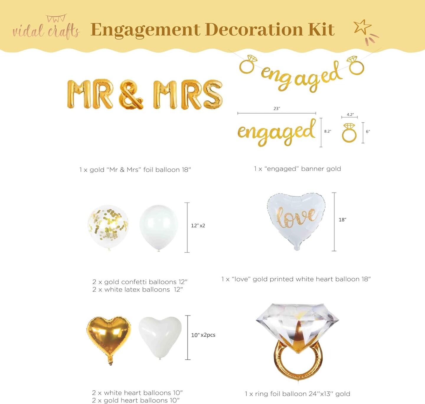 Gold Engagement Party Decorations - White &#x26; Gold Decor with Engaged Banner, Mr and Mrs Balloons, Latex Heart Confetti Balloons, Engagement Ring - Gold Themed Engagement Decorations