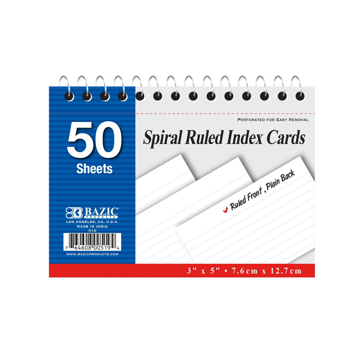 BAZIC Ruled White Index Card Spiral Bound 3&#x22; X 5&#x22; 50 Ct.