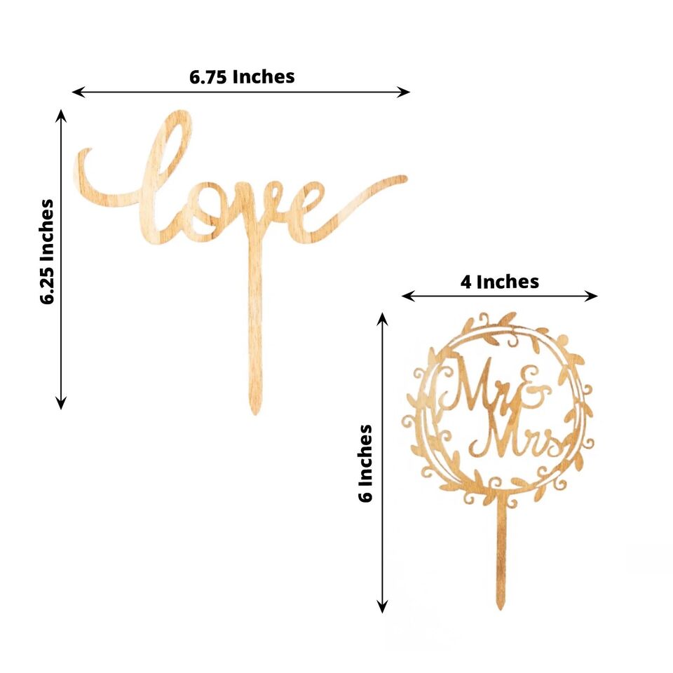 2 Natural Wooden Love and Mr &#x26; Mrs Wedding CAKE TOPPERS