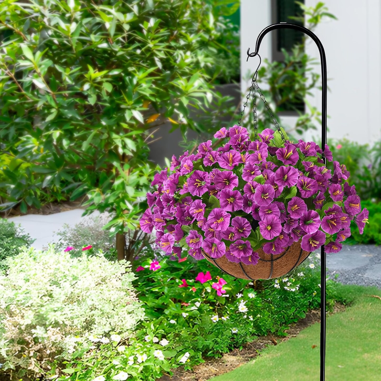 Silk Flower Hanging Basket: Lifelike Artificial Flowers in Coconut Lined Pot