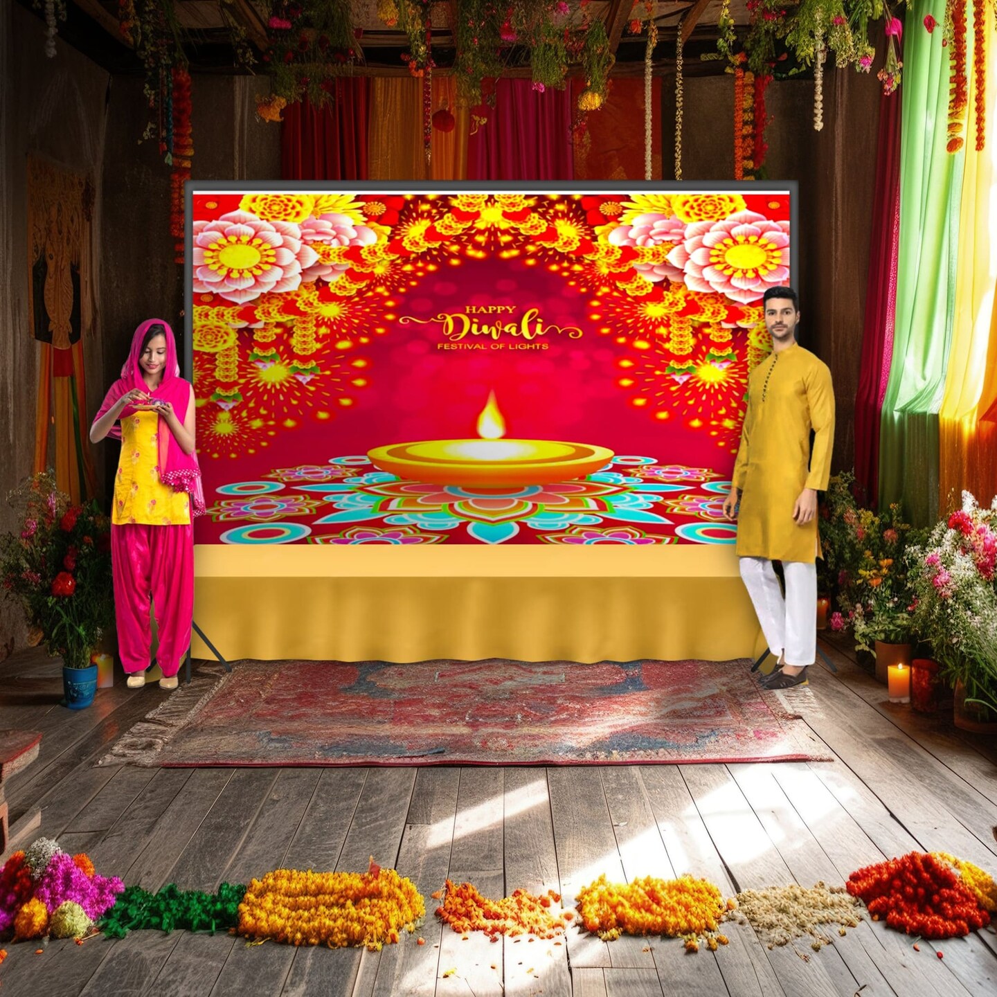 Happy Diwali Banner Indian Traditional Backdrop Cloth 5x8 Feet Indian Diwali Decor Pooja Wall Decor Indian Wall Art Photo Decor Banner Decorative Pooja Cloth Diwali Celebration