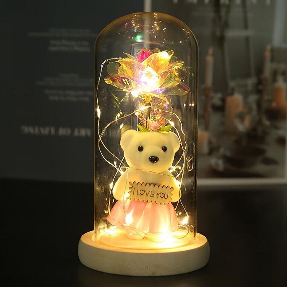 Light Up Rose in A Glass Dome with Teddy Bear