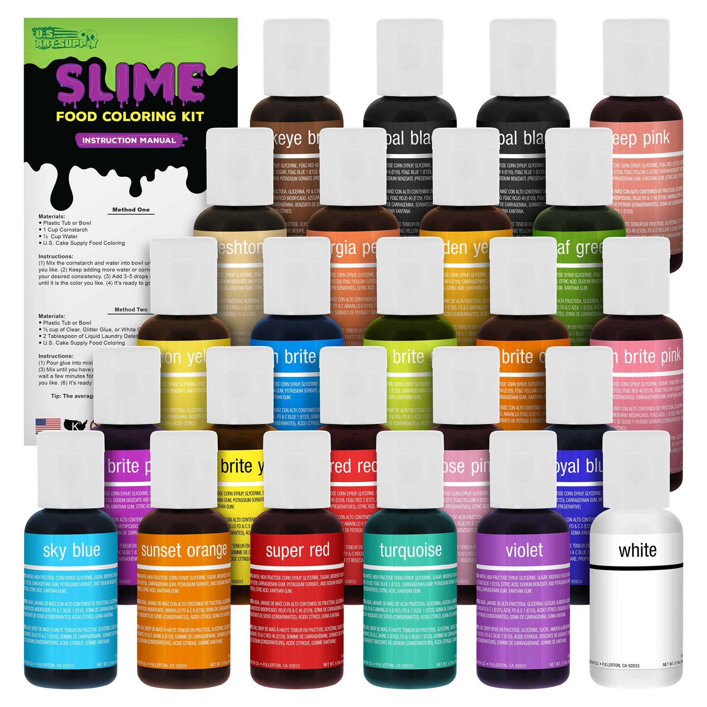24 Color Food &#x26; Slime Coloring Liqua-Gel Decorating Kit, Primary &#x26; Secondary Colors, Food Grade, 0.75 fl. oz. (20ml) Bottles, Non-Toxic Popular Colors